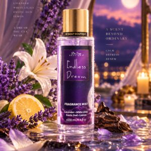 Fragrance mist bottle with lavender and lemon.