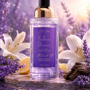 Lavender foaming hand soap with floral accents.