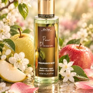 Pear Blossom fragrance mist with floral accents.