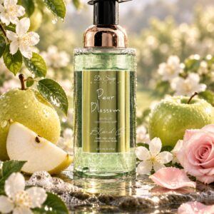 Pear Blossom foaming hand soap with floral accents.