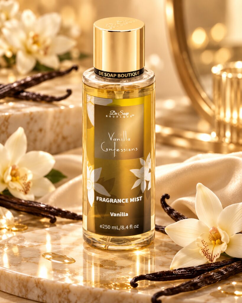 Vanilla fragrance mist with floral accents.