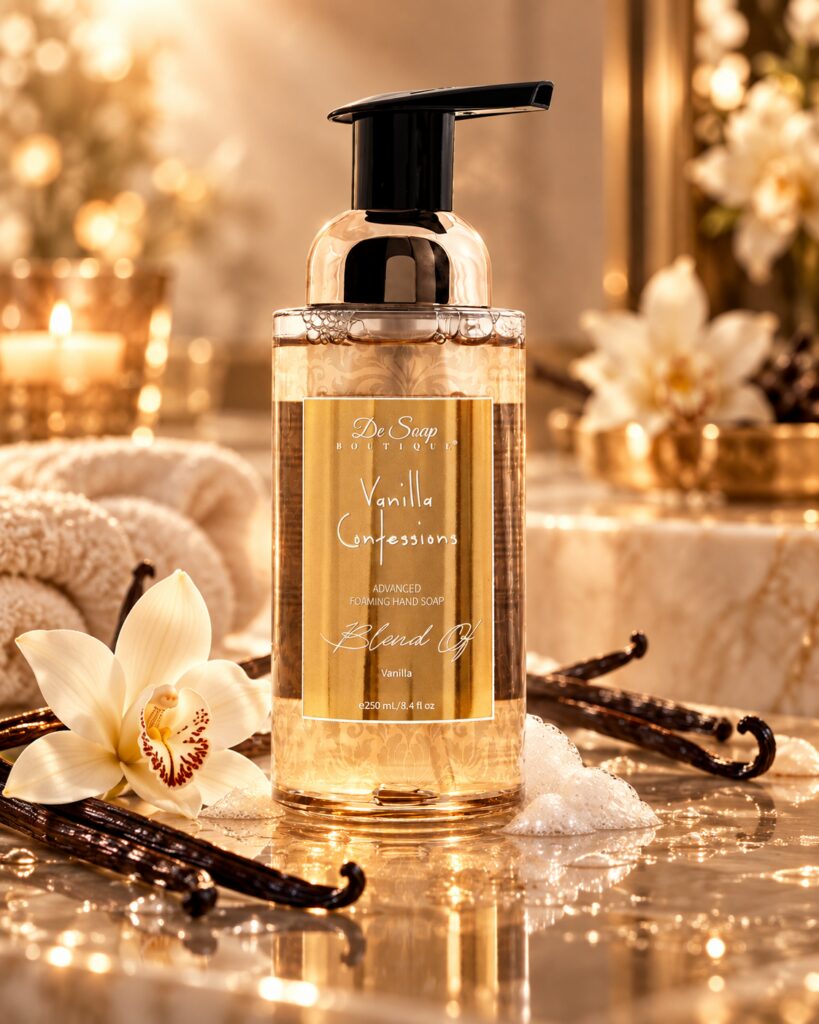 Vanilla foaming hand soap in elegant bottle.