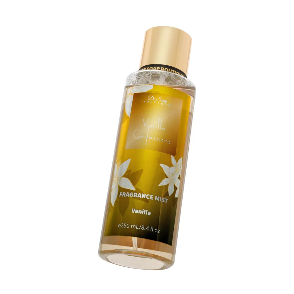 Vanilla fragrance mist in elegant glass bottle.